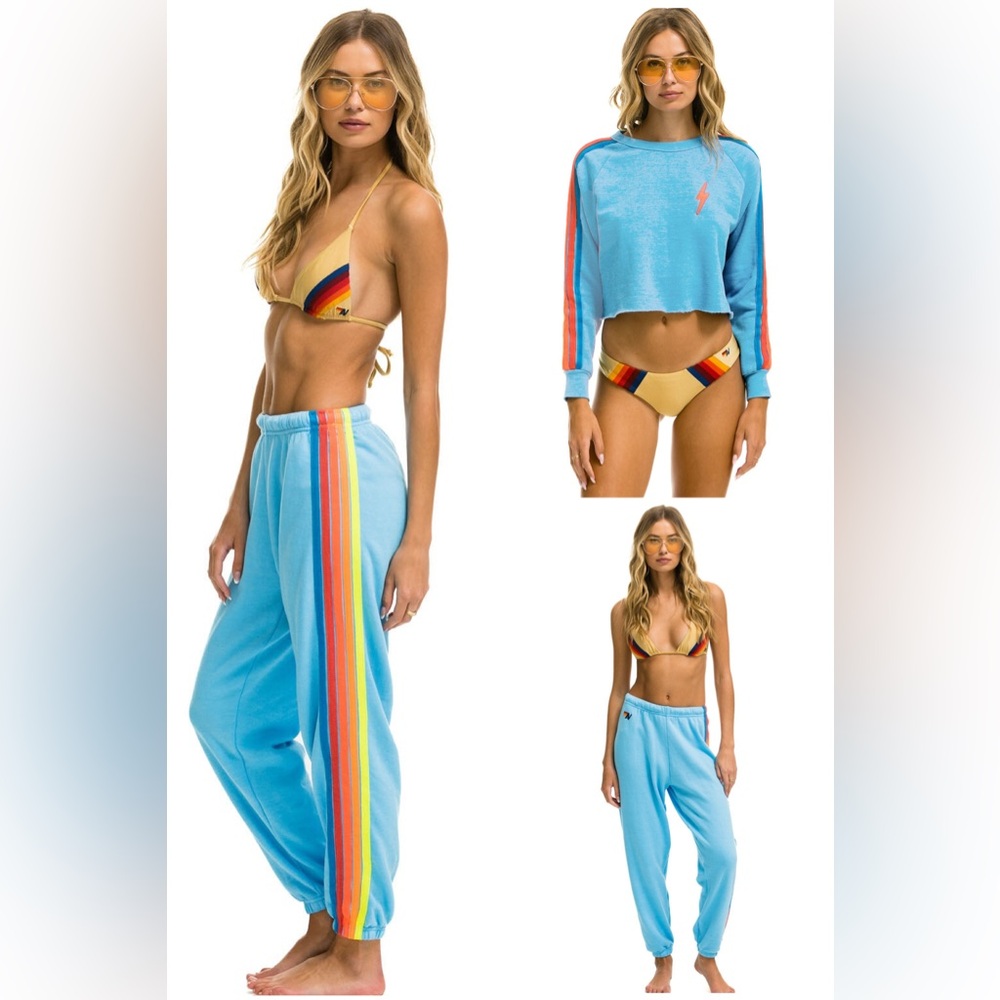 AVIATOR NATION SET Sky Blue w/ Neon Stripes Medium Top + Small Bottoms RARE 🌈